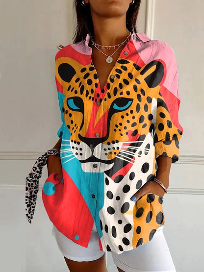 Jamila - Trendy 3D-halvermet skjorte med leopardtrykk